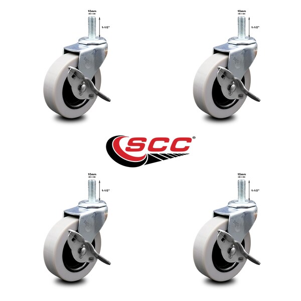 3 Inch Thermoplastic Wheel 10mm Threaded Stem Caster Set with Brakes SCC, 4PK